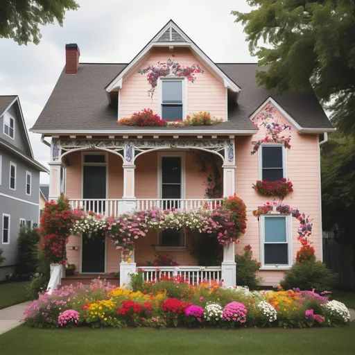 Prompt: A beautiful two story house painted with flowers on the outside of the house.