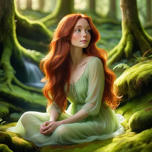 Prompt: A woman with long auburn locks, sitting gracefully on a lush bed of vibrant green moss, surrounded by majestic trees filtered sunlight casting a warm glow. She's gazing down in wonder at a delicate water spirit dancing on the shimmering surface below. A magical ambiance, enchanted forest setting, ultra-detailed, ethereal lightiness, atmospheric, serene, and whimsical.