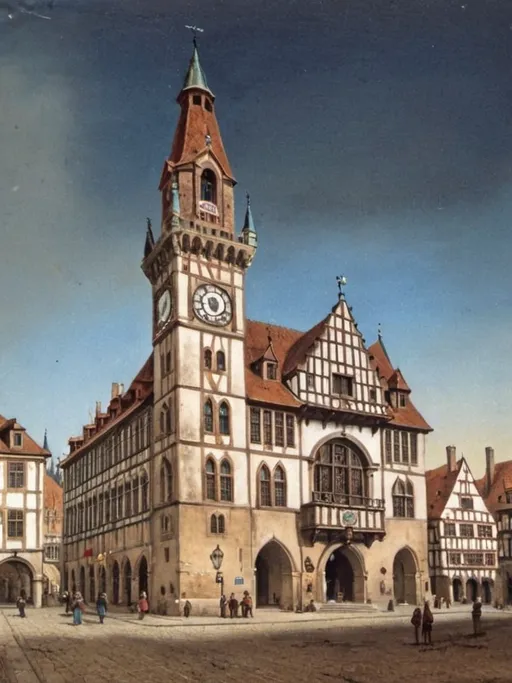 Prompt: Painting of medieval city hall with clocktower 