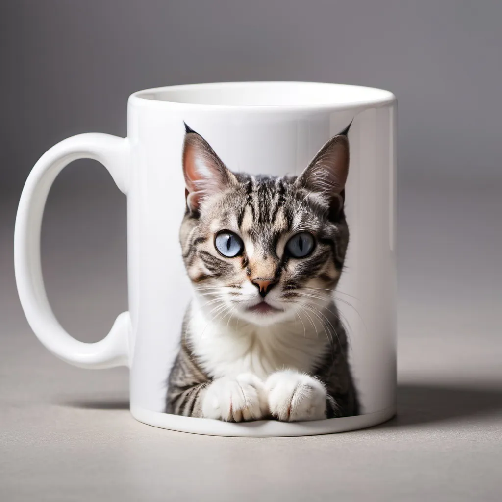 Prompt: White mug with the image of a cat purring