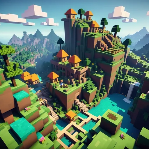 Prompt: Minecraft scene with blocky structures, vibrant colors and pixelated landscapes, exploring a cheerful atmosphere filled with adventure, lush green forests and whimsical mountains, characters interacting with building elements, crafting tools, and dynamic gameplay elements, bright skies above, capturing the essence of creativity and collaboration, 4K ultra-detailed visuals.