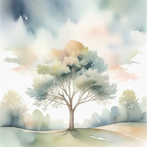 Prompt: Style: Soft, gentle watercolor with light, dreamy washes. Focus on a hand-painted, storybook aesthetic with whimsical details.
Soft lighting, pastel tones; minimal sharp edges, textural brush stroke effects, nature-focusses scenes with depth and perspective
A whimsical watercolor depiction of the small tree stretching its thin canopy towards a soft, cloudy sky. The perspective emphasizes the tree's determination, with its branches reaching upward, surrounded by vibrant green foliage of taller trees.