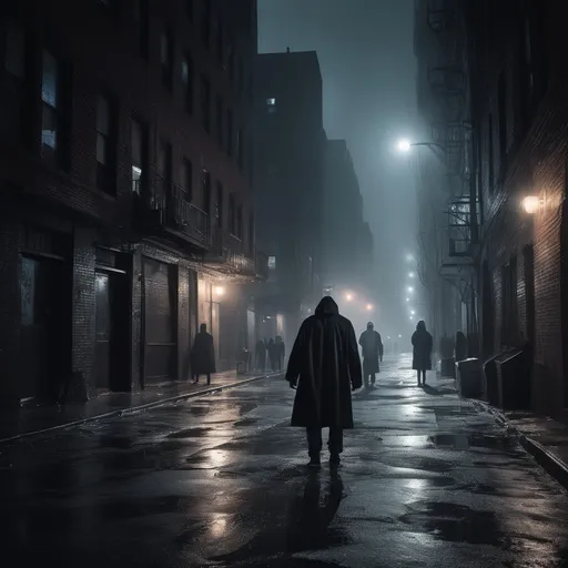 Prompt: A chilling horror scene set in New York City at night, featuring a dark alley filled with terrified onlookers. Some people are running in fear while others are frozen in shock, gazing at a ghostly figure lurking in the shadows. Flickering street lights cast eerie shadows on the wet pavement, and the skyline looms ominously in the background. The atmosphere is thick with mist, and the color palette should include deep blues, blacks, and splashes of red to enhance the feeling of dread."