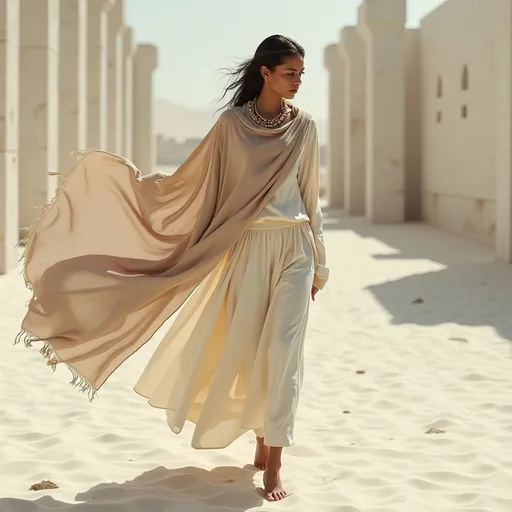 Prompt: A photorealistic detailed image of a seductive brown model wearing futuristic wavy allover oversized  creamy baggy style attire,  and light brown pashmina shawl with very fine needle hand embroidery draped over her shoulder. White and sandy ruins As-salāmu ʿalaykum background .  Capture motion. Dramatic shot. Capture full body figure upto feet from a distance. 