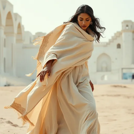 Prompt: A photorealistic detailed image of a seductive brown model wearing futuristic wavy allover oversized  creamy baggy style attire,  and beige pashmina shawl with very fine needle hand embroidery on borders draped over her shoulder. White and sandy ruins As-salāmu ʿalaykum background .  Capture motion. Dramatic shot. Capture full body figure upto feet from a distance. 