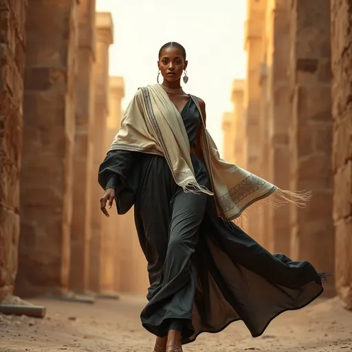 Prompt: A photorealistic detailed image of a seductive brown model wearing futuristic wavy allover oversized  baggy style attire,  and creamy pashmina shawl with very fine needle hand embroidery on borders draped over her shoulder.  melodramatic Egyptian background .  Capture motion. Dramatic shot. Capture full body figure upto feet from a distance. 