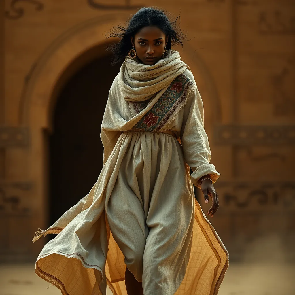 Prompt: A photorealistic detailed image of a seductive dark model girl wearing futuristic linen wavy allover oversized  baggy style dress,  pashmina shawl with hand embroidery around her neck.  melodramatic Egyptian background .  Capture motion. Dramatic shot. Capture full body figure upto feet. 