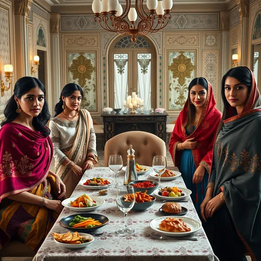 Prompt: A photorealistic detailed image of a gathering of absolutely gorgeous yet seductive 6  young indian ladies in late twenties, in a royal palace having dinner. A variety of Indian food on plates and the dining table. They are wearing a mix of stunning Indian traditional saree, kurta pajama and western modern outfits
each one is wearing a Kashmiri Pashmina shawl in vibrant colors with intricate hand embroidery. Full frame and natural lighting. Full body visible with emphasis on pashmina shawls. Shot taken from a distance showing full figure. 