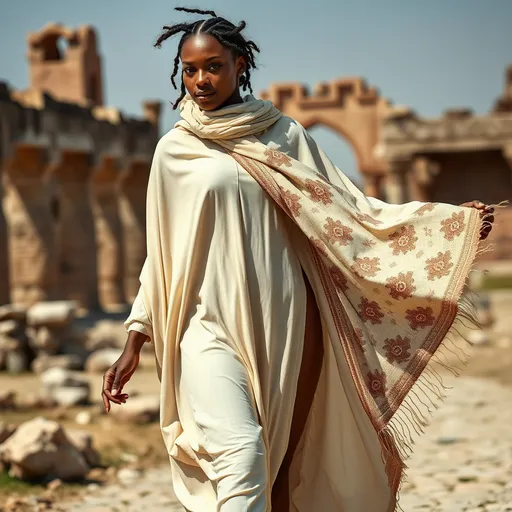 Prompt: A photorealistic detailed image of a seductive brown model wearing futuristic allover oversized  creamy baggy style kaftan,  and light brown pashmina shawl with very fine hand embroidery motifs spread all-over. The shawl draped over her shoulder.  ruins as background .  Capture motion. Capture full body figure upto feet from a distance. 