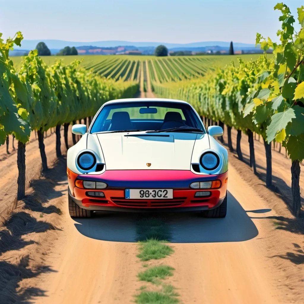 Prompt: a porche 928  in a vineyard in the style of David Hockney

