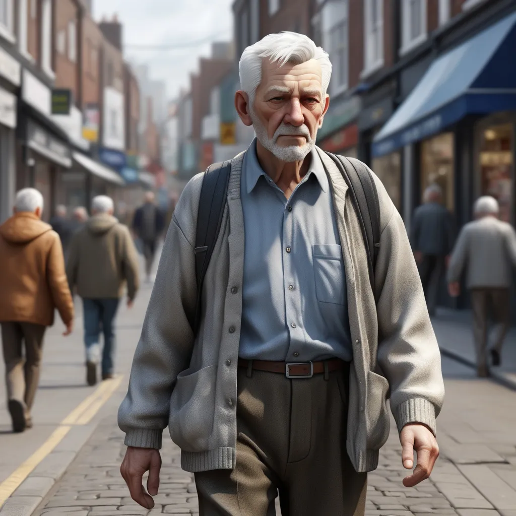 Prompt: Middle height old man, short white hair walking down the high street, detailed clothing, realistic