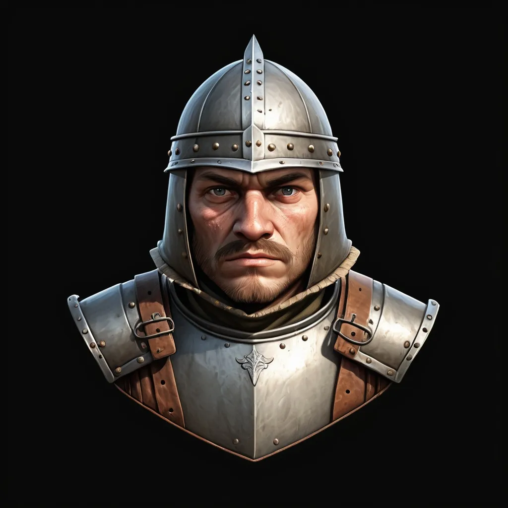 Prompt: game icon, a peasant in cheap medieval armor, open detaled face