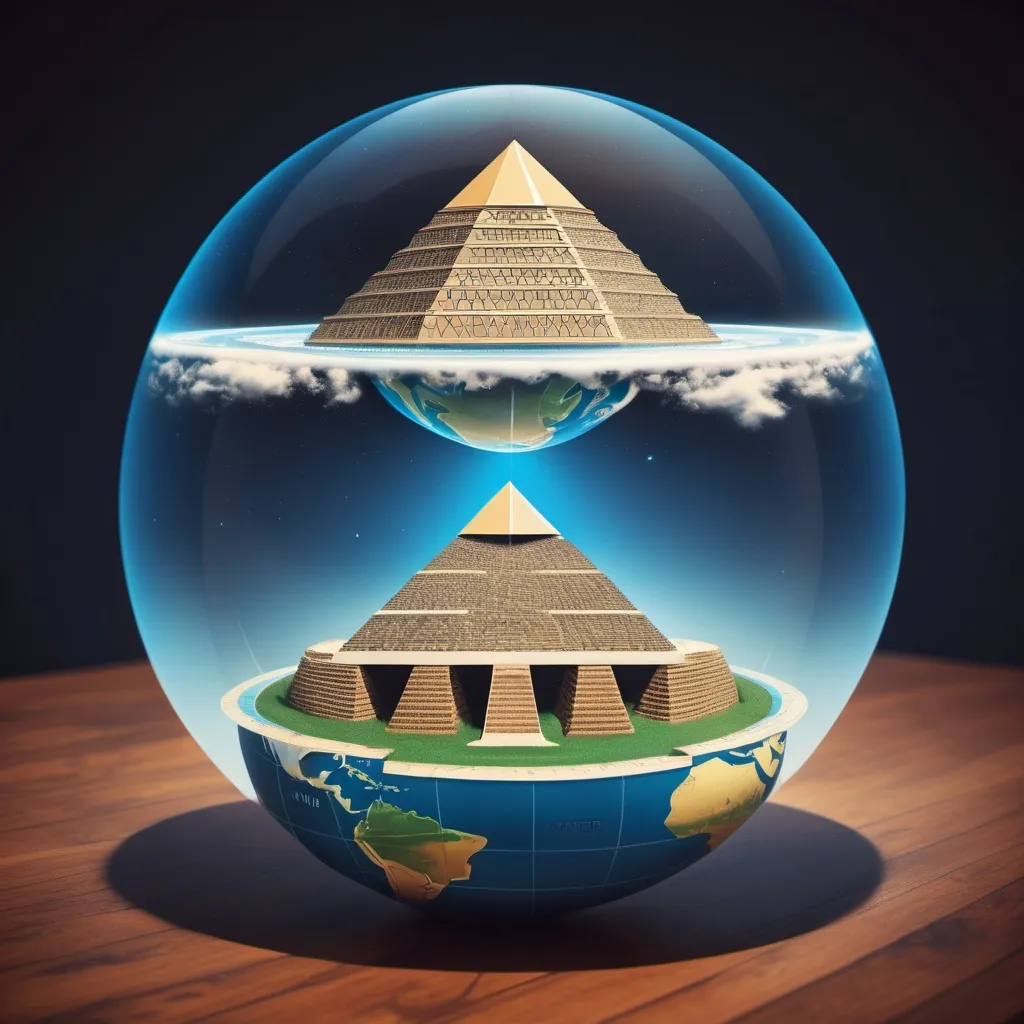 Prompt: flat earth inside globe with pyramid