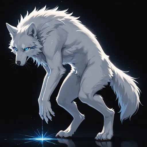 Prompt: Full-body wolf, side view, striking gray-white fur glistening under the light, captivating blue eyes that pierce through the darkness, set against a pure black background creating a high-contrast dramatic effect, emphasizing the wolf's majestic posture and powerful presence, ultra-detailed, high quality, intense and captivating ambiance, evoking a sense of wilderness and freedom.