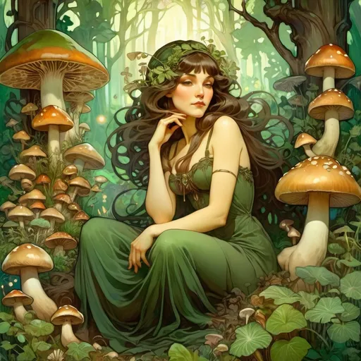 Prompt: Fantasy forest settlement with a brunette, green eyed green witch sitting in forest garden surrounded by mushrooms, flora, and fauna