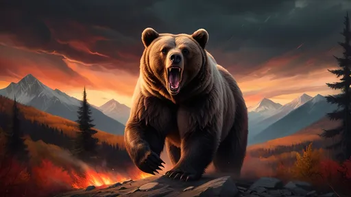 Prompt: a very aggressive bear in front of the mountains, dark colors with a sunset, autumn trees and fire clouds