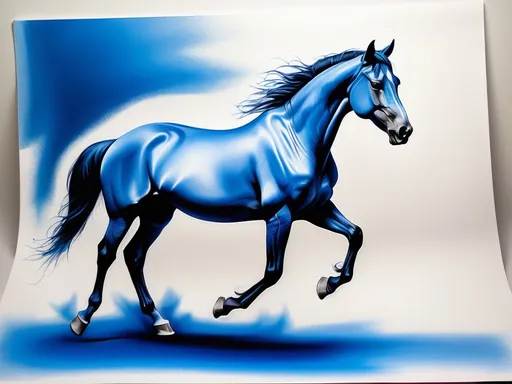 Prompt: a drawing of a horse on a white paper with a blue background and a blue table top with a blue table cloth, Alison Kinnaird, process art, ink, an airbrush painting, create a mystical background running across the ground
