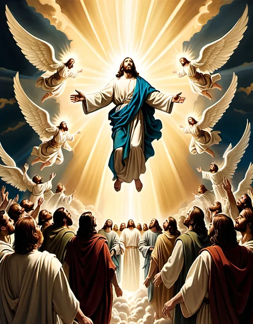 Prompt: The second coming of Christ - A dramatic scene showing Jesus descending from the sky with His army of angels, radiating light and glory, with people looking up in awe.