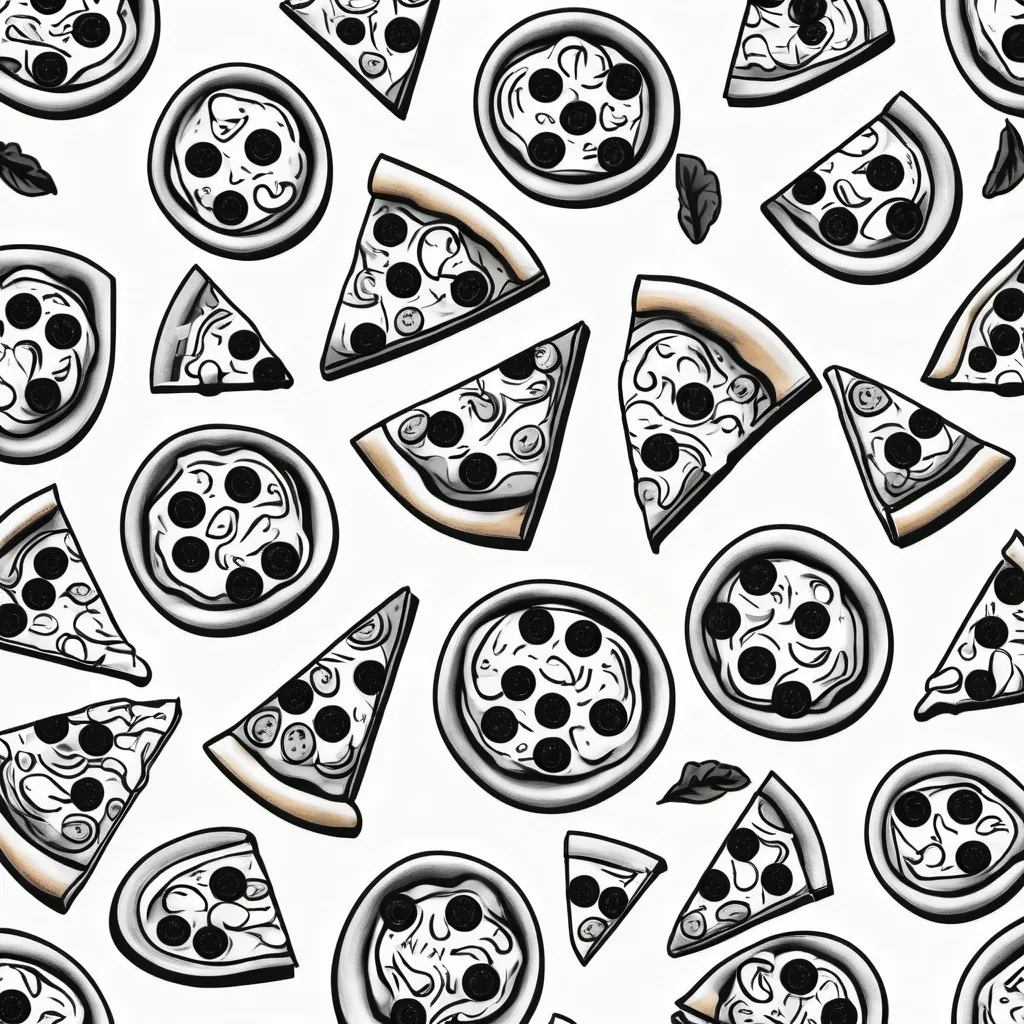 Prompt: pizza lined black and white cartooney 