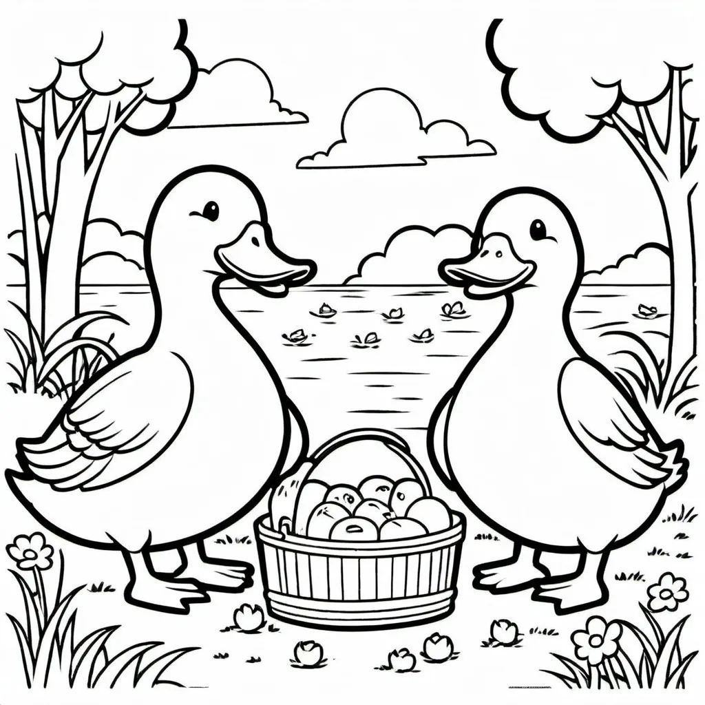Prompt: 2 ducks having a picnic colouring page minimalist