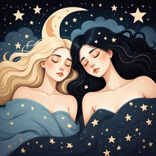 Prompt: Two women are sleeping one blonde one black hair, long hair, artistic with stars and moon

