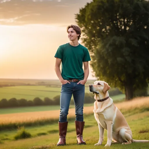 Prompt: A happy young man with brown hair wearing jeans, an emerald t-shirt and brown boots is standing and looking to the horizon in the countryside during sunrise. A yellow labrador is next to him and staring at him.