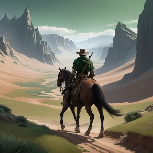 Prompt: A Dunedain ranger wearing a dark green outfit is sitting on his brown horse treading a path through the valley into the horizon.