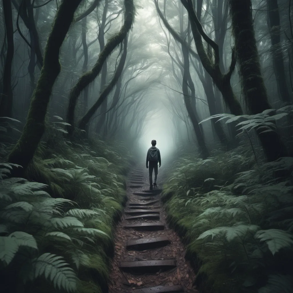 Prompt: One day, a young man got lost in a dense forest, where the path was unclear and the place was eerie.
