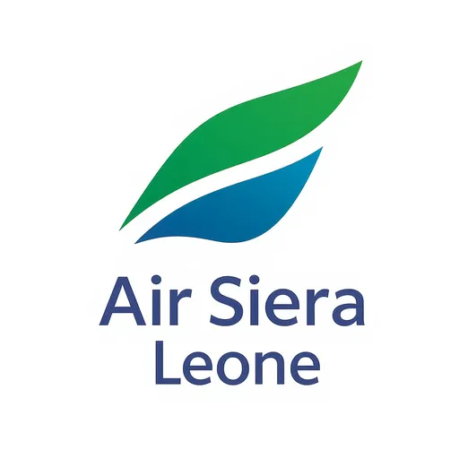 Prompt: This is a digital logo for "Air Siera Leone." The logo features a stylized, abstract representation of an airplane wing, composed of two overlapping, elongated shapes. The upper shape is green, while the lower shape is blue, creating a dynamic and modern appearance. The green and blue shapes are positioned diagonally from the top left to the bottom right. Below the wing design, the text "Air Siera Leone" is written in a bold, sans-serif font. The text is dark blue, matching the lower blue shape of the wing. The background of the image is plain white, which makes the logo and text stand out prominently. The overall design is clean and minimalist, emphasizing simplicity and modernity. The use of green and blue suggests themes of nature and sky, respectively, aligning with the aviation industry. The logo's composition is centered both horizontally and vertically, ensuring balance and readability.