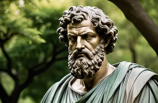 Prompt: 

The image is a close-up of a statue of ancient greek philosopher  with a beard and curly hair. The statue appears to be made of bronze and is set against a blurred background of greenery. The man is wearing a roman-style robe with a collar and a belt around his neck. He has a serious expression on his face and is looking off to the side. His body muscular and toned.