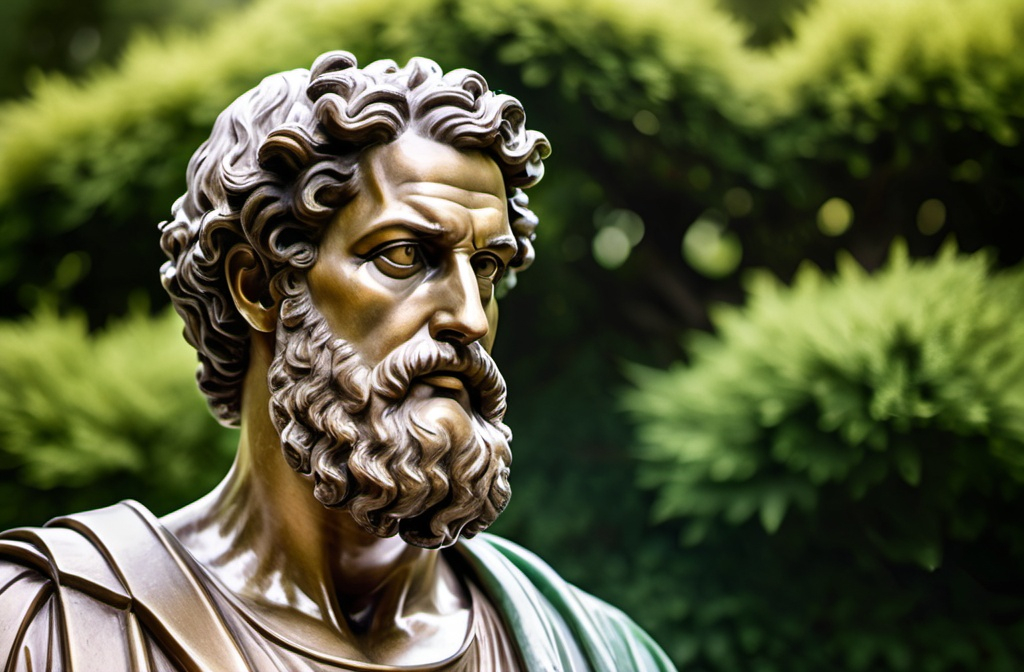 Prompt: 

The image is a close-up of a statue of ancient greek philosopher  with a beard and curly hair. The statue appears to be made of bronze and is set against a blurred background of greenery. The man is wearing a roman-style robe with a collar and a belt around his neck. He has a serious expression on his face and is looking off to the side. His body muscular and toned.