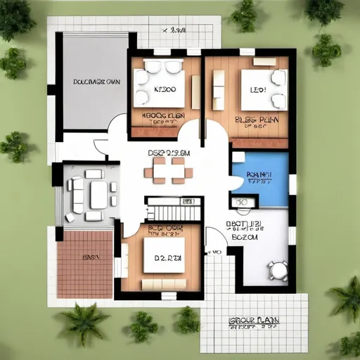 Prompt: Ground floor house plan with two bedrooms hall living area and kitchen