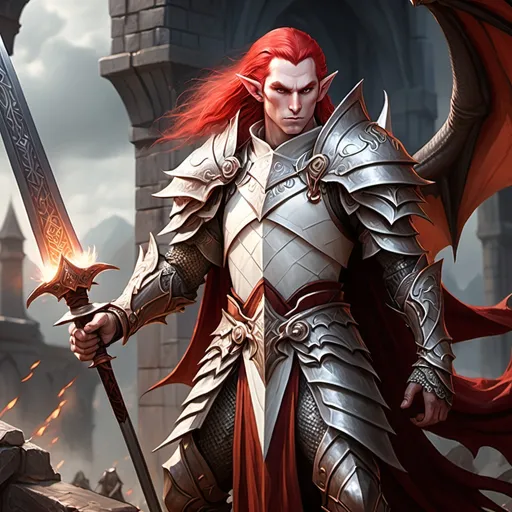 Prompt: A red and white haired devout looking male elf in dark iron ornate platemail stands guard wielding a long greatsword while dragons roar in the distance.