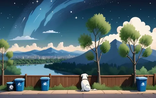 Prompt: a cartoon scene of a rounded  mountain and willow trees with a sky background and a blue sky with clouds and a blue and white sky with a few clouds, nighttime with stars, city buildings meet a slight forest with a wooden panel fence, a lonely dog sits by two metal trash cans, the dog is looking at the ground kinda solemn as he sits, Steven’s universe, space art, matte painting, a matte painting, add some buildings in the same art style to the image, one of the buildings an old French style cafe, with a hanging sign, make the trash cans metal, and add a broken shed next to the dog and fence, add closer buildings, make the mountains rounded, add willow trees, in the same art style