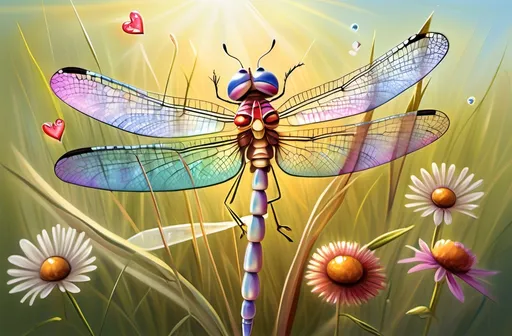 Prompt: whimsical, airbrush oil, a playful, colorful, carefree dragonfly, wearing a straw hat playing in the grass, flying among the wildflowers with sunlight rays reflecting off her shimmering wings. . There are small reddish hearts scattered around the dragonfly, adding a playful touch to the image. The image has a dreamy and whimsical feel.