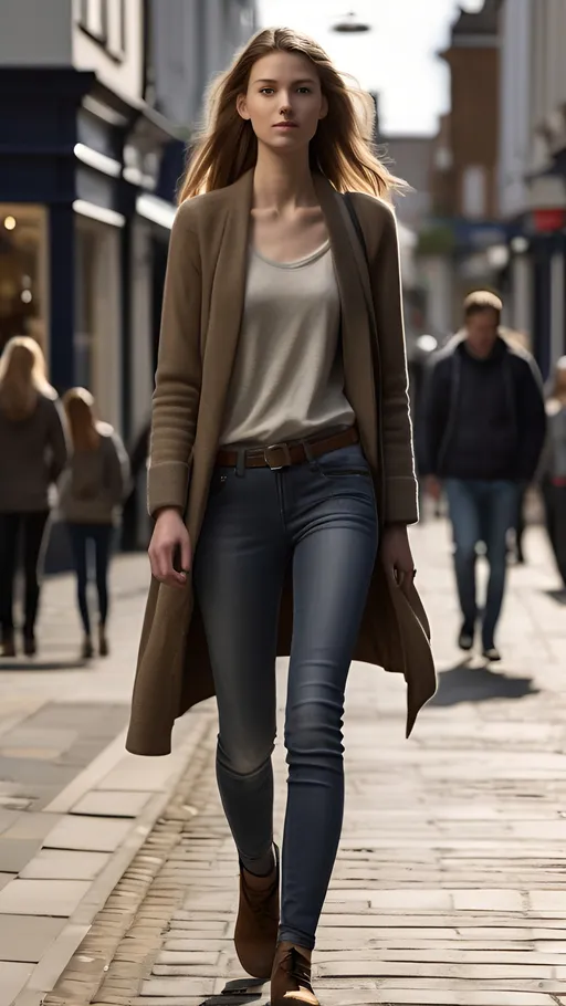 Prompt: Tall young woman walking down the high street, detailed clothing, realistic, natural lighting