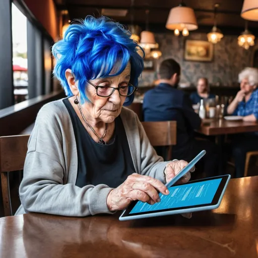 Prompt: Old lady with blue hair using a tablet menu at restaurant table