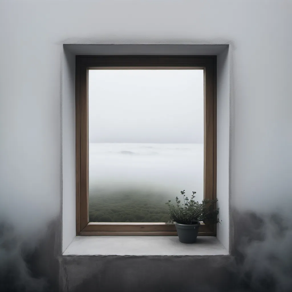 Prompt: A minimal composition about eternity with a window over fog