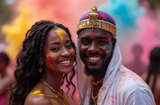 Prompt: black male and female next to each other looking happy at a party that is Egyptian themed paint party with male wearing a white robe and crown add alot of paint in the background put paint powder explosions in the background put more paint on their faces with other people in the background too
