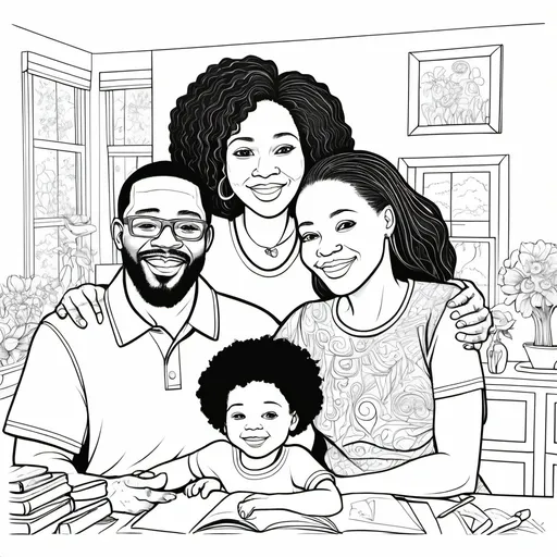 Prompt: feeling of being home, love, joy, 2 parents, 2 children, African-American, coloring page