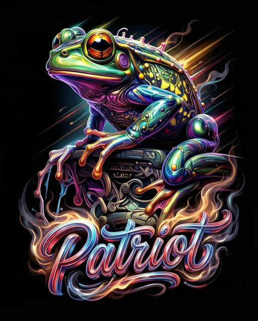 Prompt: "Create a highly detailed EPIC vector illustration logo (use exact logo)in the signature  style of : using just tubular shaped elements a cyber funk design for a horizontal illustration  showing speed and power and ferocity in the style of: "Highly detailed, 100% vector illustration in the signature style of  : ultra-clean Adobe Illustrator technique with complex custom linear and radial gradients for realistic metallic sheen, glossy chrome reflections, deep smooth shadows with subtle color shifts, vibrant high-contrast color palette blending rich jewel tones, electric neons, deep blacks, golds, and fiery accents.  at the bottom: very small at center bottom Visualize "Patriot" logo in a strikingly creative 3D font, bold and dynamic, as if it’s bursting with energy. from right to left The letters twist and turn in an organic flow, their surface shimmering with iridescent hues of red, blues and white. Surrounding the logo, swirling wisps of ethereal fire and smoke drift gracefully, curling and morphing like spectral tendrils infused with an ethereal essence, contrasting sharply against the  black background. The lighting is dramatic, casting soft glows and shadows that highlight the edges of the letters, creating depth and intrigue. The overall mood evokes a sense of wonder and ambition, akin to a cinematic fantasy realm where greatness is celebrated. This spectacular scene captures a vibrant, otherworldly ambiance, perfect for a dark fantasy concept art style.