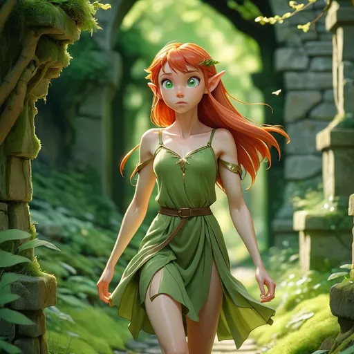 Prompt: Storyboard frame from fantasy anime adaptation, barefoot redheaded elf slave woman in shredded short green dress, green eyes glimmering in morning light, walking quietly in the overgrown royal garden between moss-covered stone walls, golden sunrise glow, petals floating in air, cinematic composition, drawn by Makoto Shinkai, source: stills_archive_elven_rebellion_final_v6.warneranimation.jp, 8K scan from master reel, soft bokeh background, heavy atmospheric haze, emotional tone, anime realism hybrid
