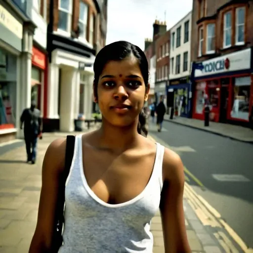 Prompt: Tall young woman walking down the high street, detailed clothing, realistic, natural lighting