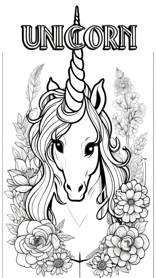 Prompt: a unicorn coloring book with flowers and a unicorn face in the center of it, with the words unicorn coloring book written in the middle, Audrey Kawasaki, color field, full color, a drawing