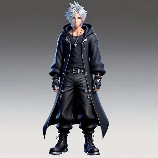 Prompt: A male kingdom hearts character with silver hair and silver eyes. Wears a dark blue shirt. A black hooded coat . Black pants and black boots full body 