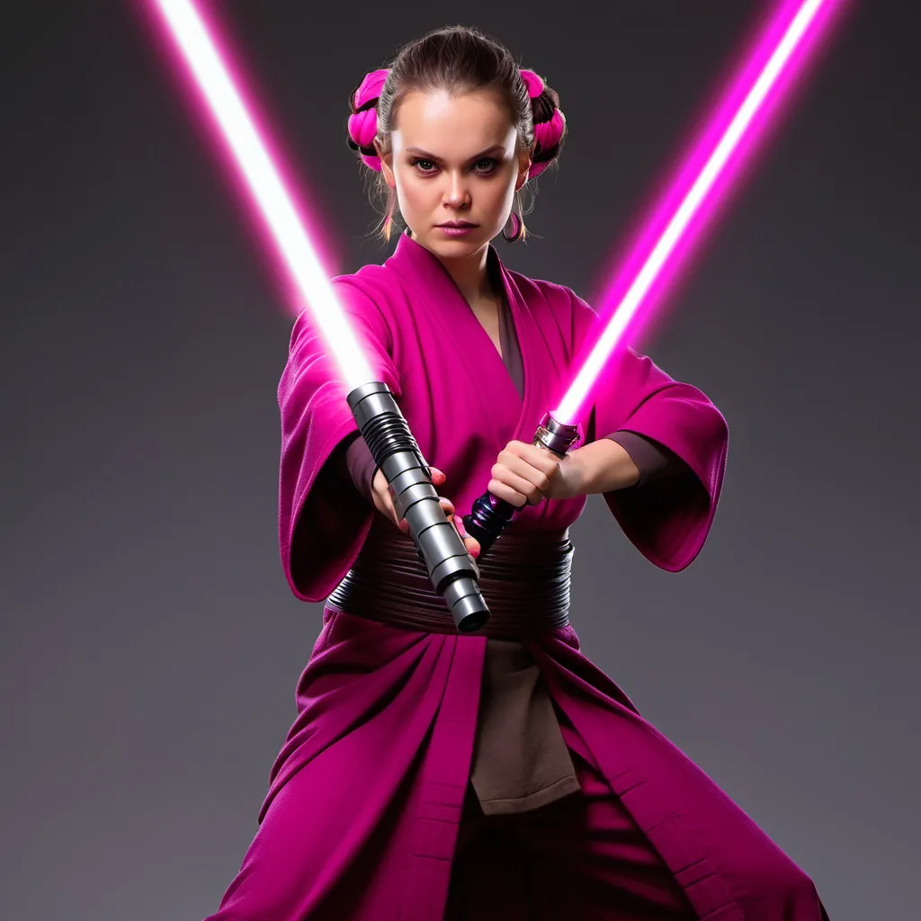 Prompt: Female Jedi togruta wielding a magenta lightsaber