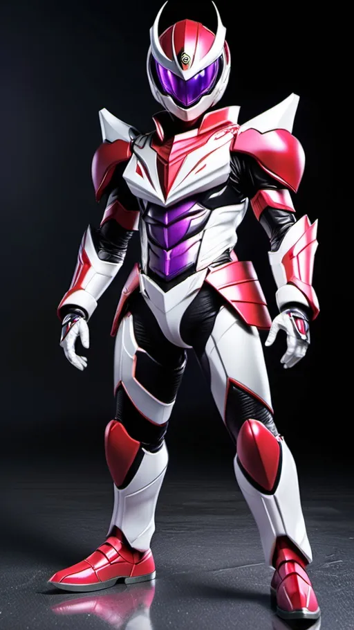 Prompt: A kamen rider, red and white armor, purple eyes, looks like kamen rider Zi-o, full body