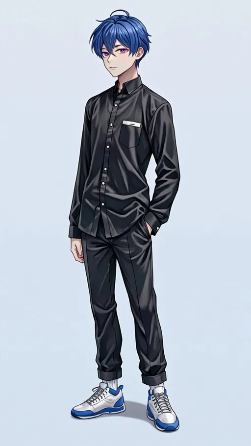 Prompt: Male  anime teenage boy with blue hair, ,purple eyes, wears a black long sleeve shirt, black pants ,white and blue shoes , full body