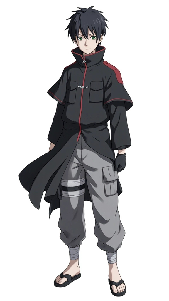 Prompt: Male 13 year old anime uchiha genin shinobi with black hair, with green rinnegan eyes, wears a black military jacket , grey pants ,black gloves ,black shinobi sandals, full body