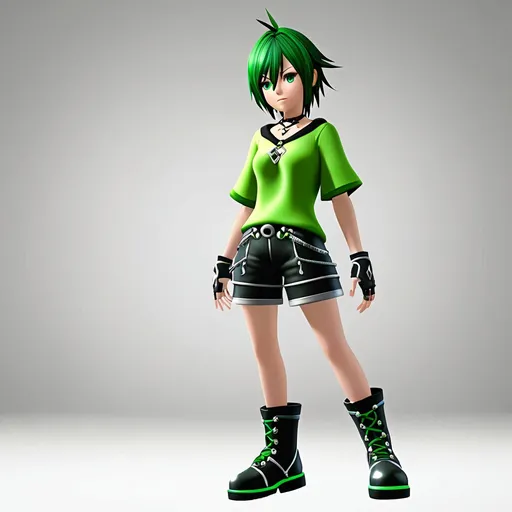 Prompt: Female Kingdom hearts 3 xion character with green   hair . Wearing a green shirt and silver shorts . Black boots cgi full body 